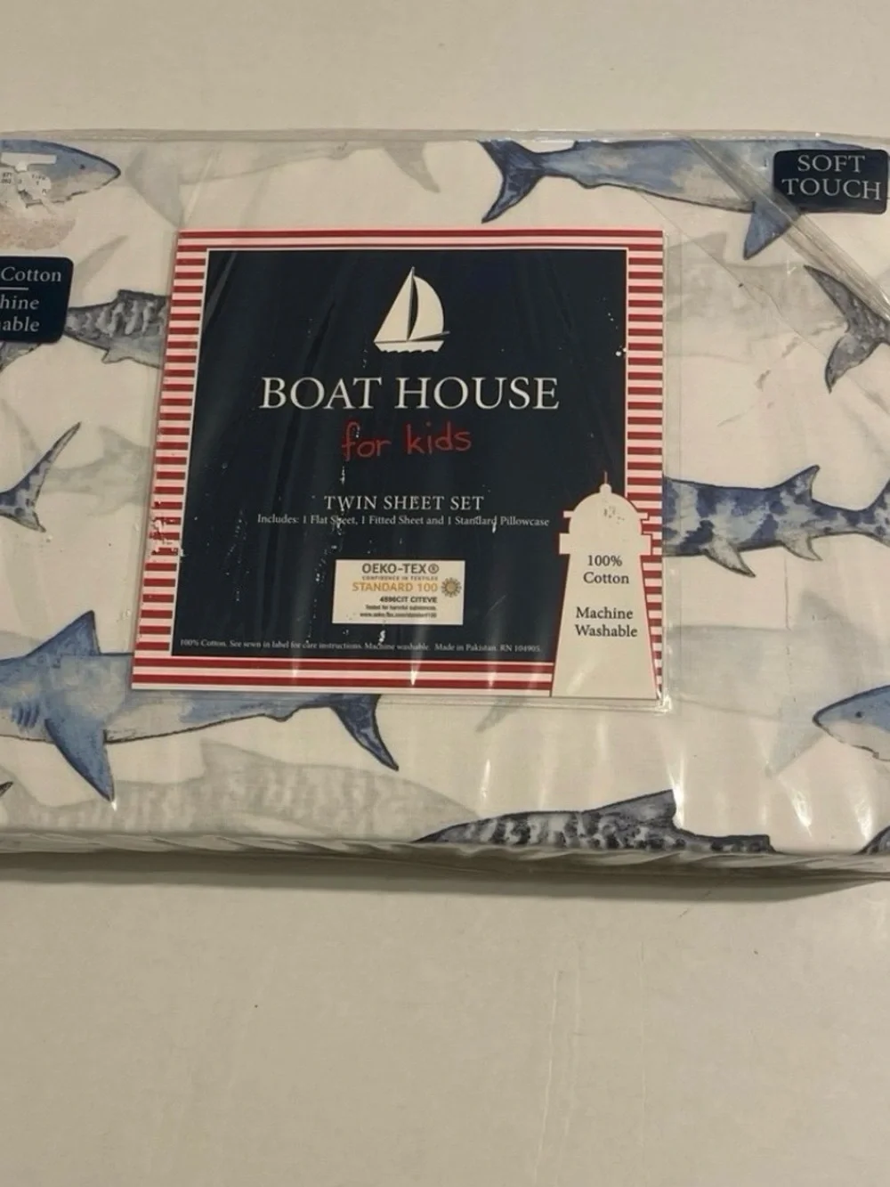 BOAT HOUSE for Kids Blue Shark Twin Sheet Set New. 100% cotton
